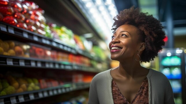 a woman smiling while standing next to the produce aisle of a supermarket