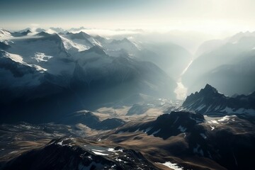 Stunning view with snow-covered mountains and clouds in the background - AI generated illustration