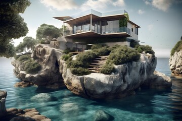 AI generated illustration of an isolated rocky island with a modern building - obrazy, fototapety, plakaty