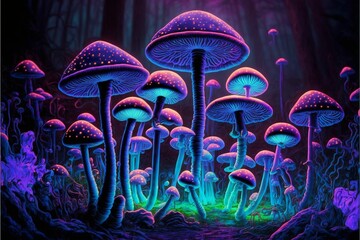 AI generated illustration of a scene of glowing psychedelic mushrooms - obrazy, fototapety, plakaty