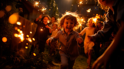 Children on New Year's Eve playing with sparklers and fireworks, enjoying their childhood in the backyard of their home - obrazy, fototapety, plakaty