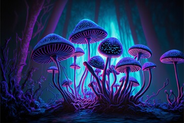 AI generated illustration of vibrant, psychedelic mushrooms radiating a magical, surreal energy - obrazy, fototapety, plakaty
