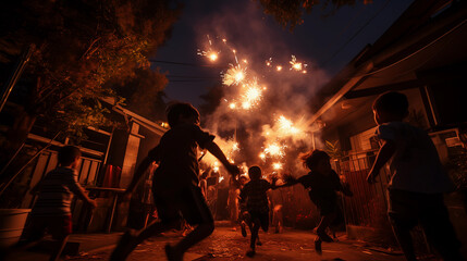 Children on New Year's Eve playing with sparklers and fireworks in the neighborhood streets