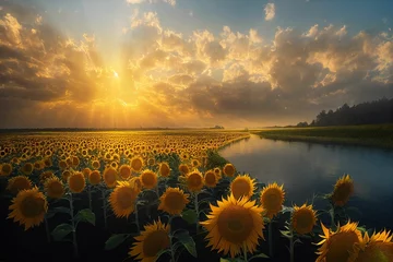 Foto op Plexiglas AI generated illustration of a vibrant landscape of a waterway surrounded by a field of sunflowers © Wirestock