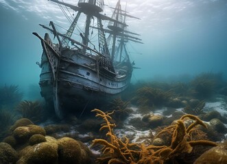 AI generated illustration of a shipwreck submerged in the water, surrounded by algae