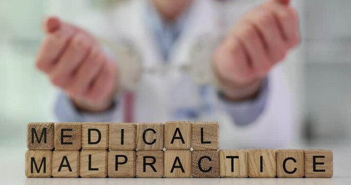 Doctor in handcuffs and text medical malpractice in clinic