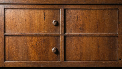 Front view of a closed wooden cabinet with two drawers, each featuring a round knob.