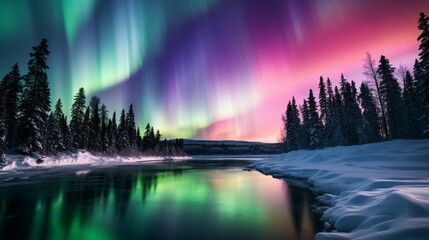 AI generated illustration of the Aurora Borealis appearing in the sky above a still lake at dusk