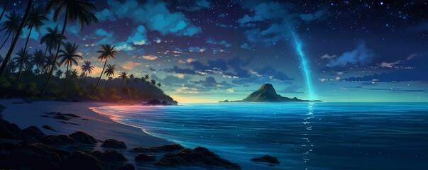 AI generated illustration of a tropical coastline against the sea under the night starry sky - obrazy, fototapety, plakaty
