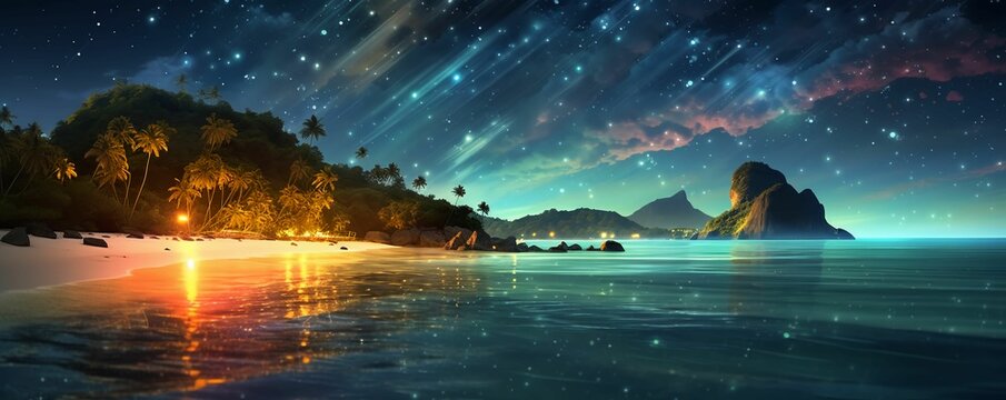 AI generated illustration of a tropical coastline against the sea under the night starry sky