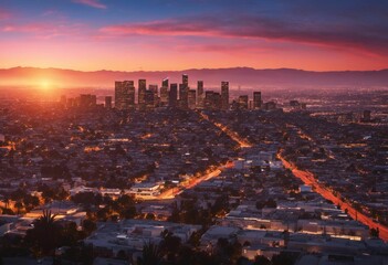 the city lights shine brightly over a sunset skyline with mountains in the background