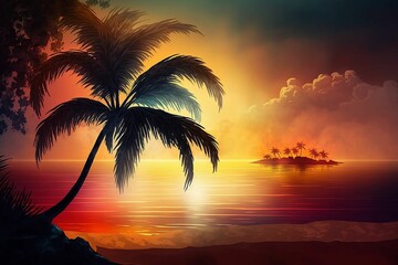 AI generated illustration of a vibrant and serene tropical sunset on the beach