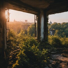 Large open window in an abandoned building, overlooking the city