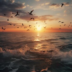 Obraz premium AI generated illustration of black birds in silhouette soaring through a bright orange evening sky