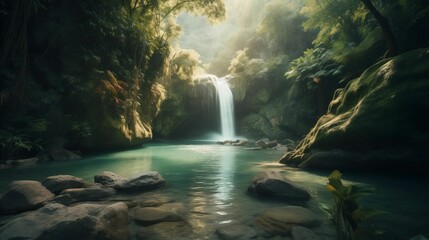 AI generated illustration of a tranquil river running through a lush green landscape