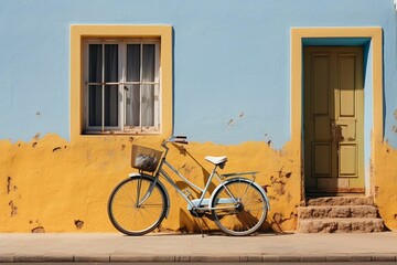 Fototapeta na wymiar Bicycle leaning against the side of a yellow-blue building with a green door