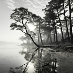 AI generated illustration of a black and white photograph of a tree in a tranquil setting