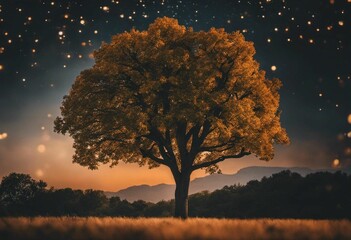 Fototapeta na wymiar tree with star dust at night under the trees in field