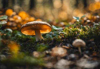 AI generated illustration of a close-up of a mushroom surrounded by moss and grass