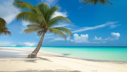 AI generated illustration of a palm tree on a white sand beach in front of a vast blue ocean
