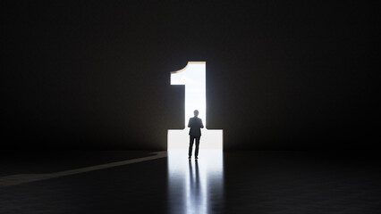 number one shaped as a hole in concrete wall, victory concept 3d render - obrazy, fototapety, plakaty