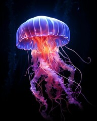 AI generated illustration of An illuminated purple jellyfish drifting through the water - obrazy, fototapety, plakaty