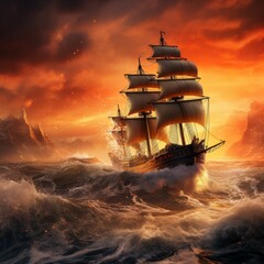Naklejka premium AI generated illustration of a sailing vessel gliding across the tumultuous ocean at sunset