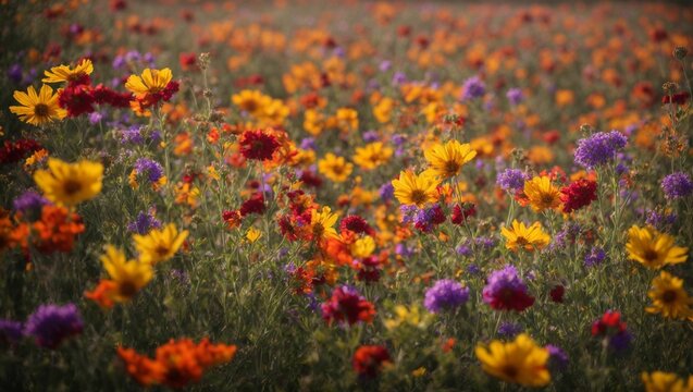 A beautiful field of yellow, red, and purple wildflowers in bloom. © Wirestock