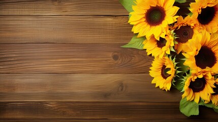 some sunflowers are on a wooden table with green leaves