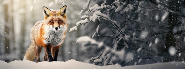 the fox is on the snowy hill, staring for prey