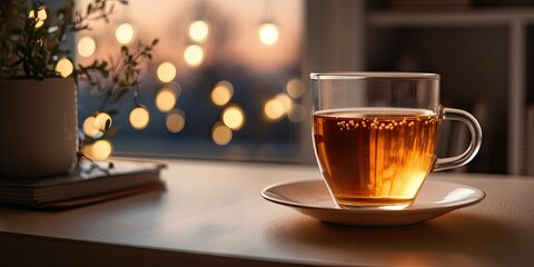 a cup of tea sits on the table near a window