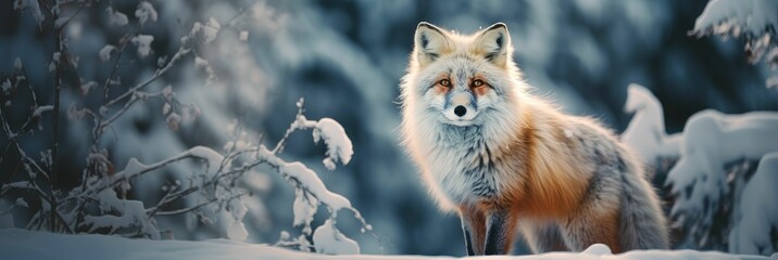 a fox looks into the camera while standing in the snow