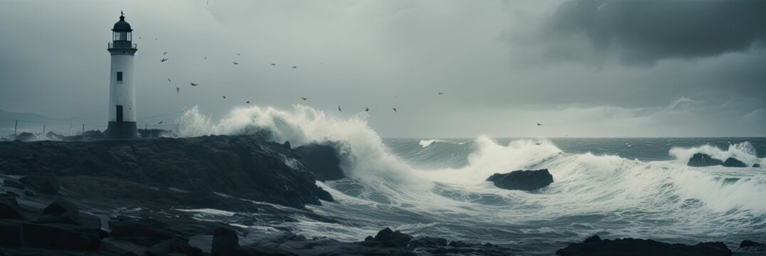 a lighthouse in the stormy water under a cloudy sky with storm clouds
