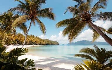 Fototapeta premium AI generated illustration of tropical lagoon surrounded by palm trees