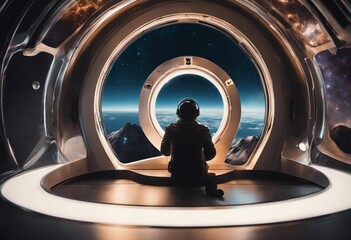 AI generated illustration of an astronaut in a futuristic spacecraft, gazing in awe at the space