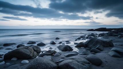 Obraz premium AI-generated illustration of a rocky shore surrounded by the sea under a cloudy sky