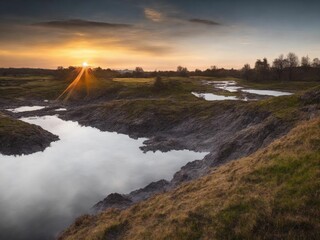 Obraz premium AI generated illustration of A pond illuminated as the sun sets on the horizon.