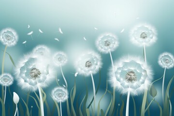 AI generated illustration of a cluster of white dandelions and small seeds gently blowing away