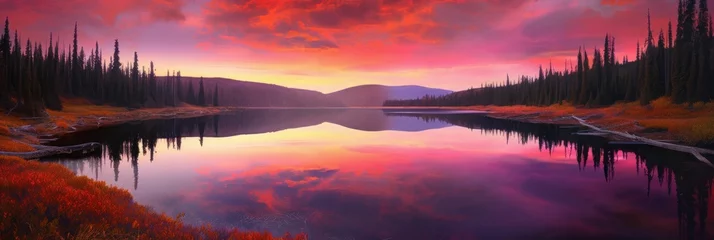 Fotobehang AI generated illustration of A serene landscape featuring a tranquil lake surrounded evergreen trees © Wirestock
