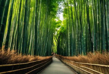 a road lined with bamboo trees and a walkway between them