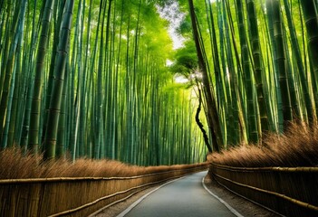 AI generated illustration of An idyllic scene of a winding road snaking through a  bamboo forest