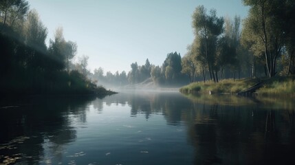 the trees are tall and green in the water behind it
