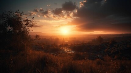 Naklejka premium AI generated illustration of A beautiful landscape of a mountain illuminated by the setting sun