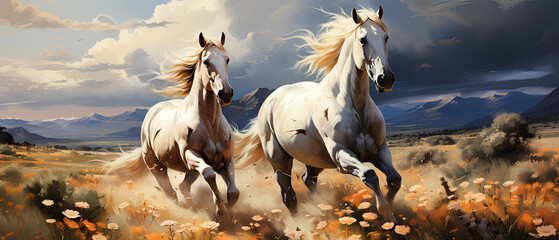 Obraz na płótnie Canvas Majestic Horses in Vibrant Meadow