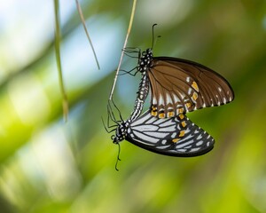 Close-up of common mime (Papilio clytia) butterflies with a vivid green background
