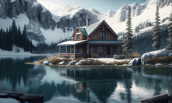 AI generated illustration of a picturesque log cabin situated on shore of a tranquil lake in winter