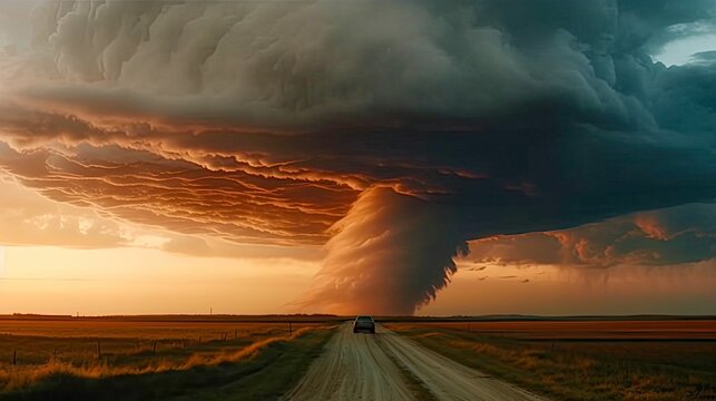Twister eating up the highway as a storm chaser heads into the storm. AI Generated Storm landscape.
