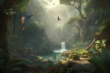 some birds fly above the waterfall in a jungle scene with lush trees and vegetation - obrazy, fototapety, plakaty