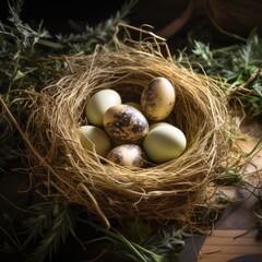 Naklejka na ściany i meble Birds’ eggs in a nest