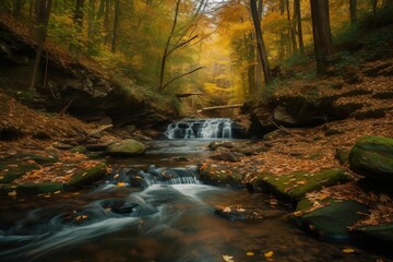 autumn foliage covers the ground near a creek with water flowing down it